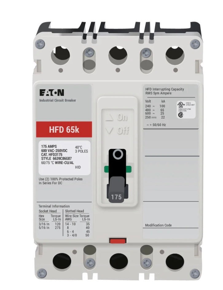 HFD3175 -Eaton -Molded Case Circuit Breaker
Bolt-On - 175 Amp - 3 Pole - 600 Volt