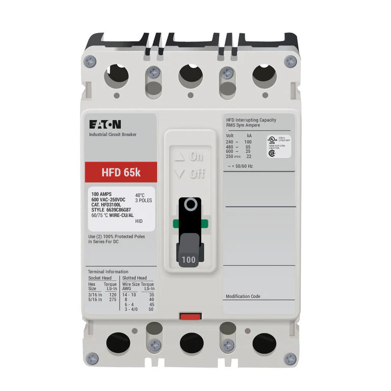 Eaton HFD3100 100A 3-Pole 600V Molded Case Circuit Breaker