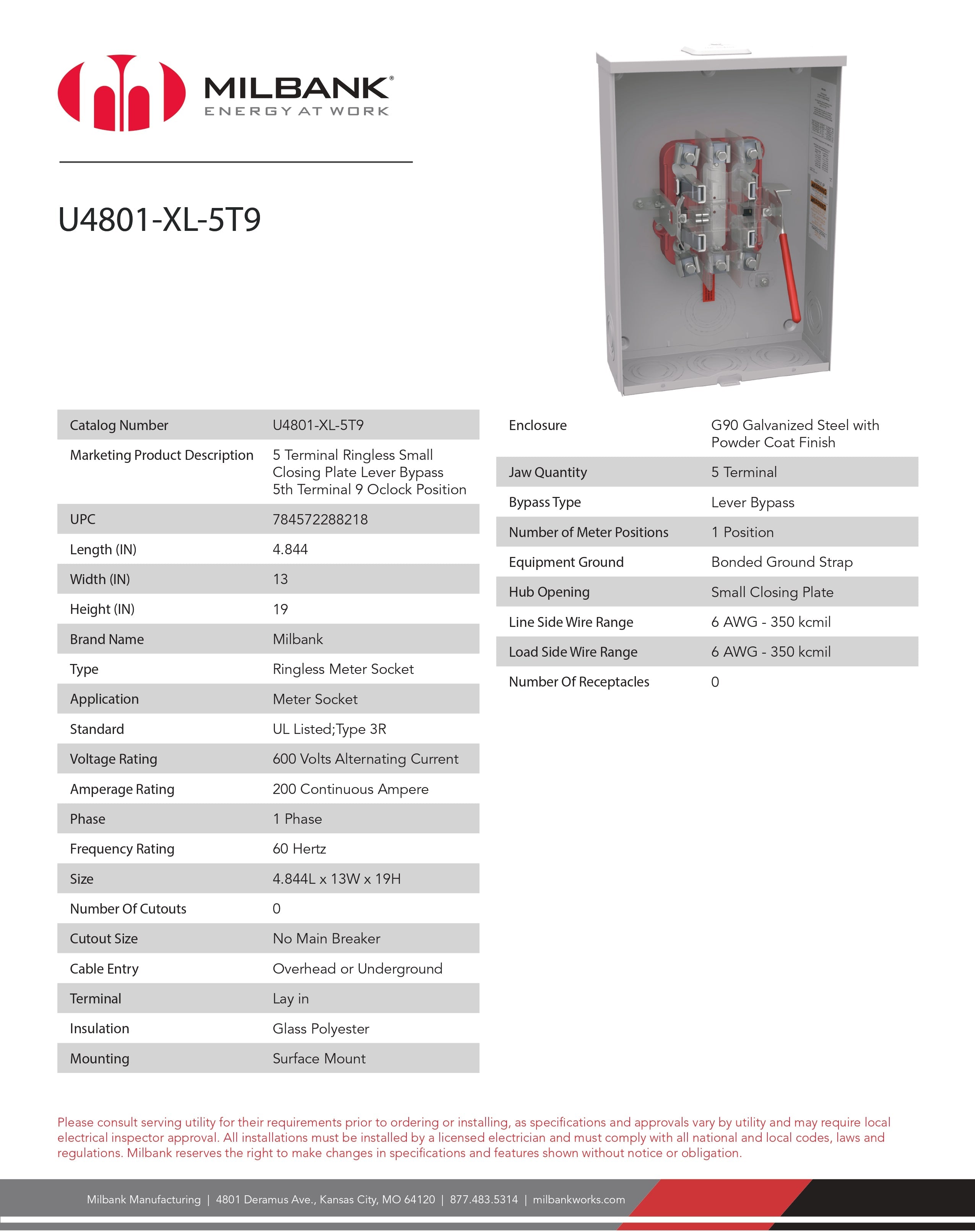 Milbank, U4801-XL-5T9, 200A, 600VAC, 5-Terminal, Ringless, Lever Bypass, Meter Socket - Image 8