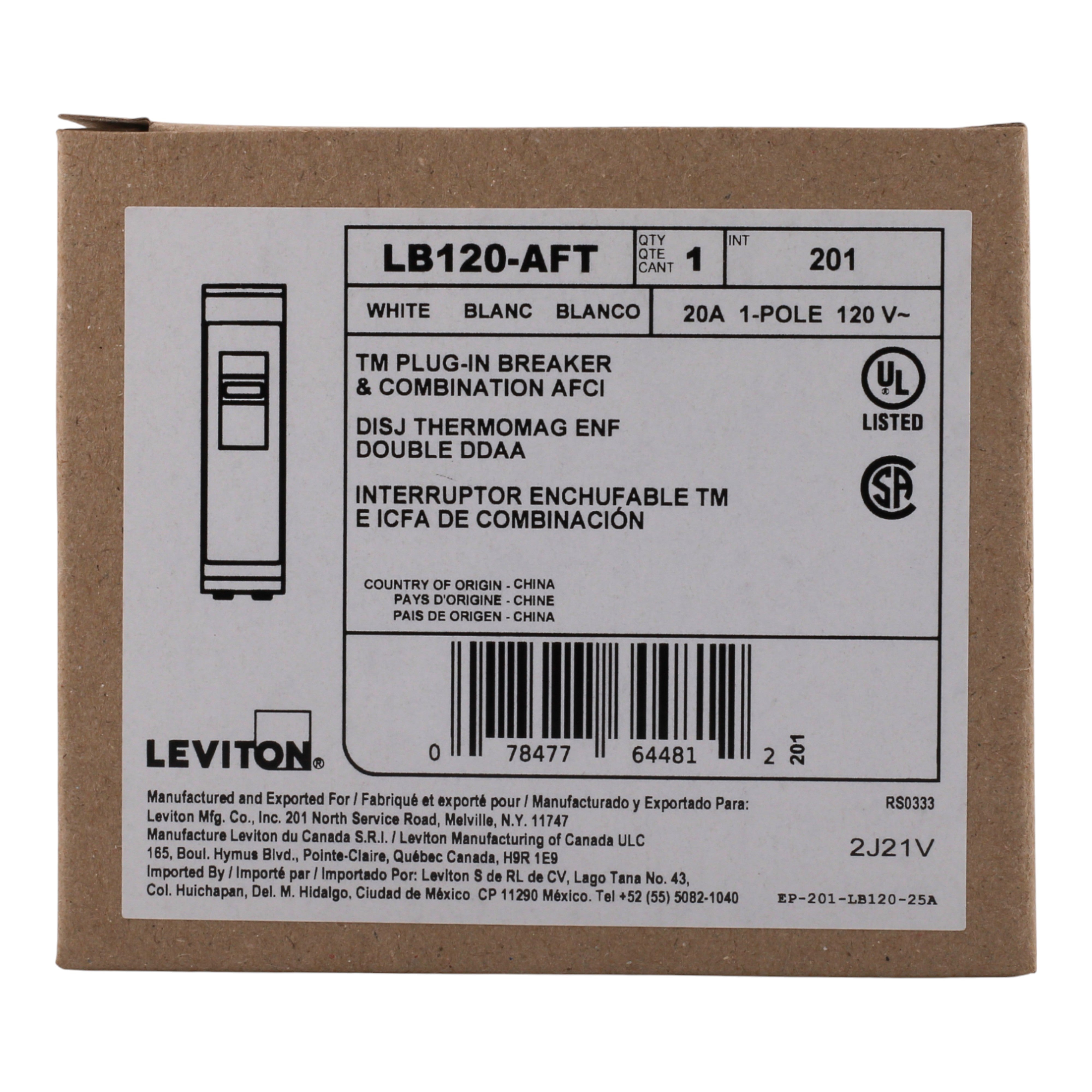 Leviton LB120-AFT 20A 1P 120V AFCI Plug-On Neutral Circuit Breaker - Image 3