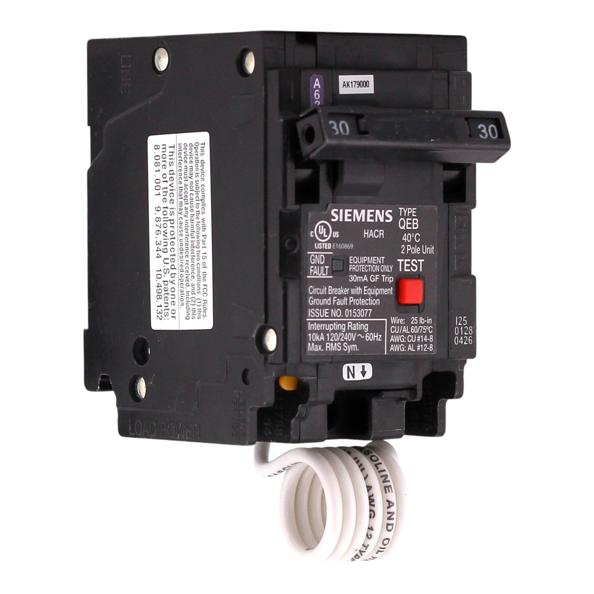 Siemens QEB, Q230EG, 30A, 2P, 240V, GFCI, Pigtail Neutral, Circuit Breaker