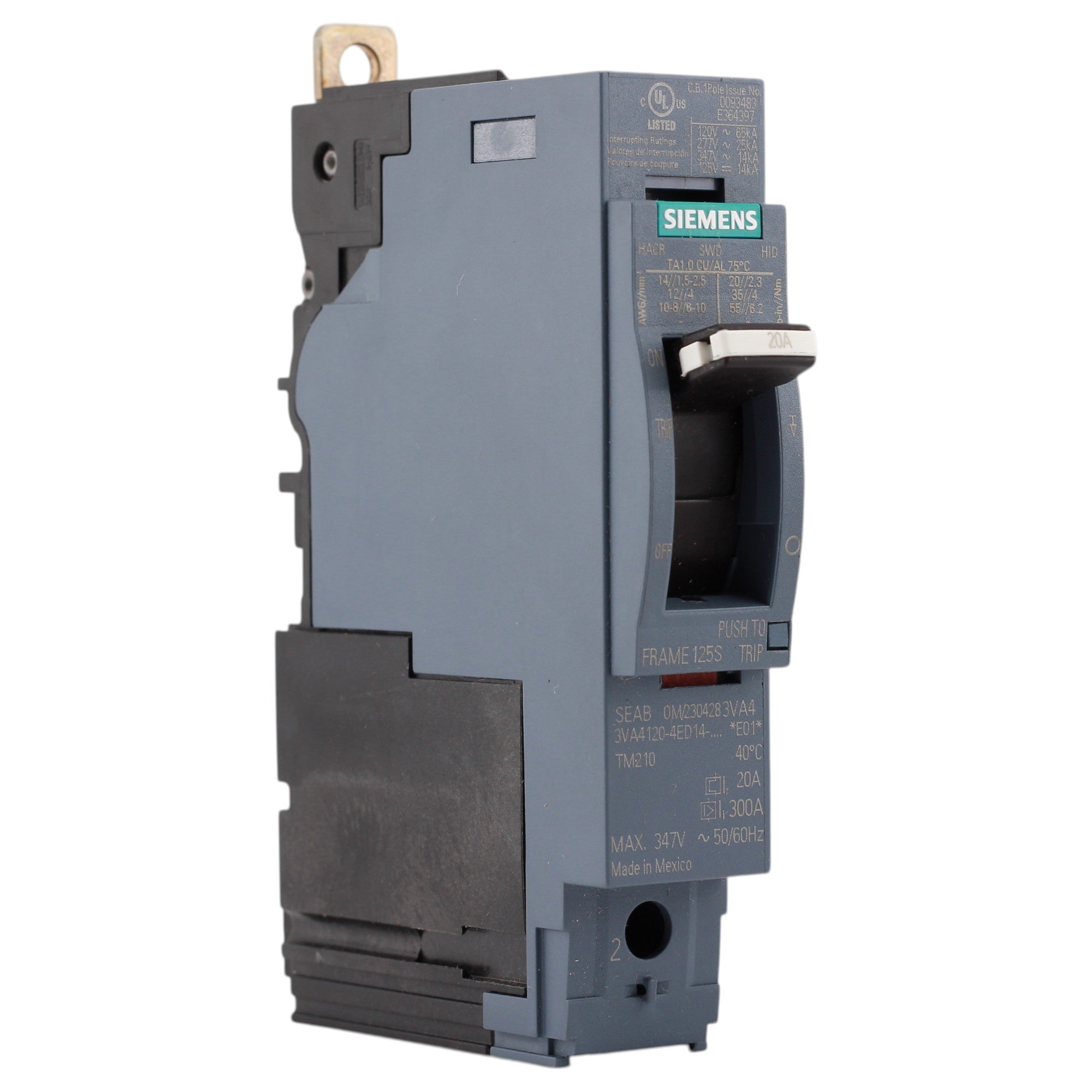 Siemens 3VA41, 3VA4120-4ED14-0AA0, 20A, 1P, 600V, Thermal Magnetic, Circuit Breaker