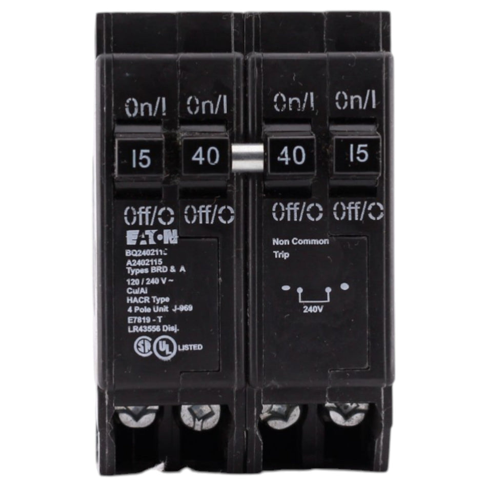 Eaton BR, BQ2402115, 15/40A, 4P, 120/240V, 10kAIC, CTL Quadplex, Plug-On, Circuit Breaker - Image 2