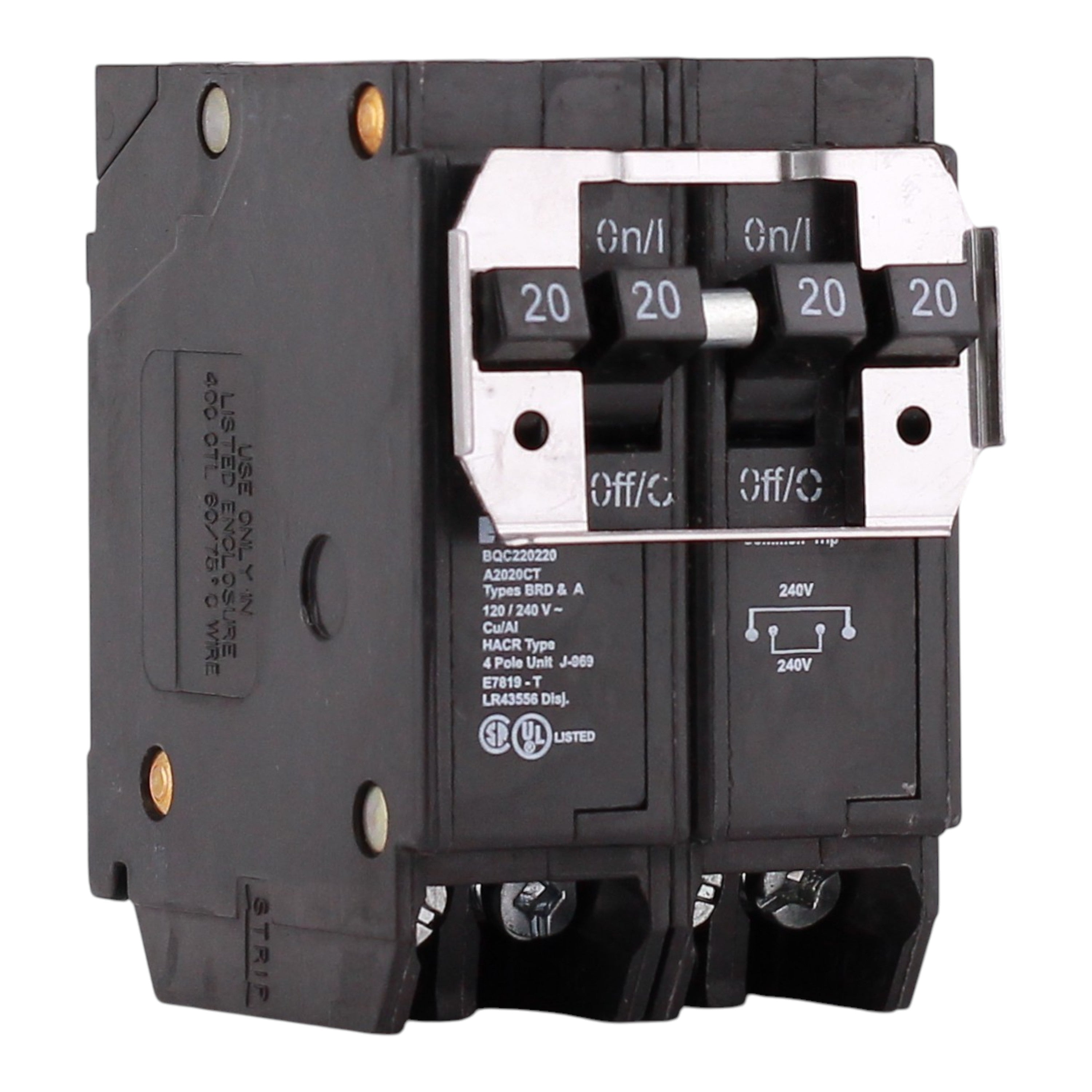 Eaton BQC220220, (2) 20A, 120/240V, 4-Pole, 10kA, Thermal Magnetic Circuit Breaker, Plug-On, for Type BR Load Centers