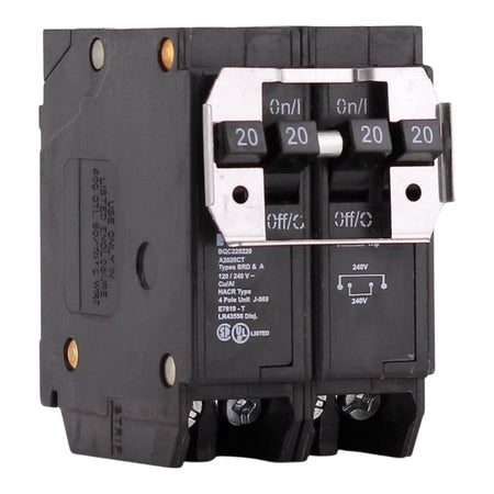 Eaton BQC220220, (2) 20A, 120/240V, 4-Pole, 10kA, Thermal Magnetic Circuit Breaker, Plug-On, for Type BR Load Centers