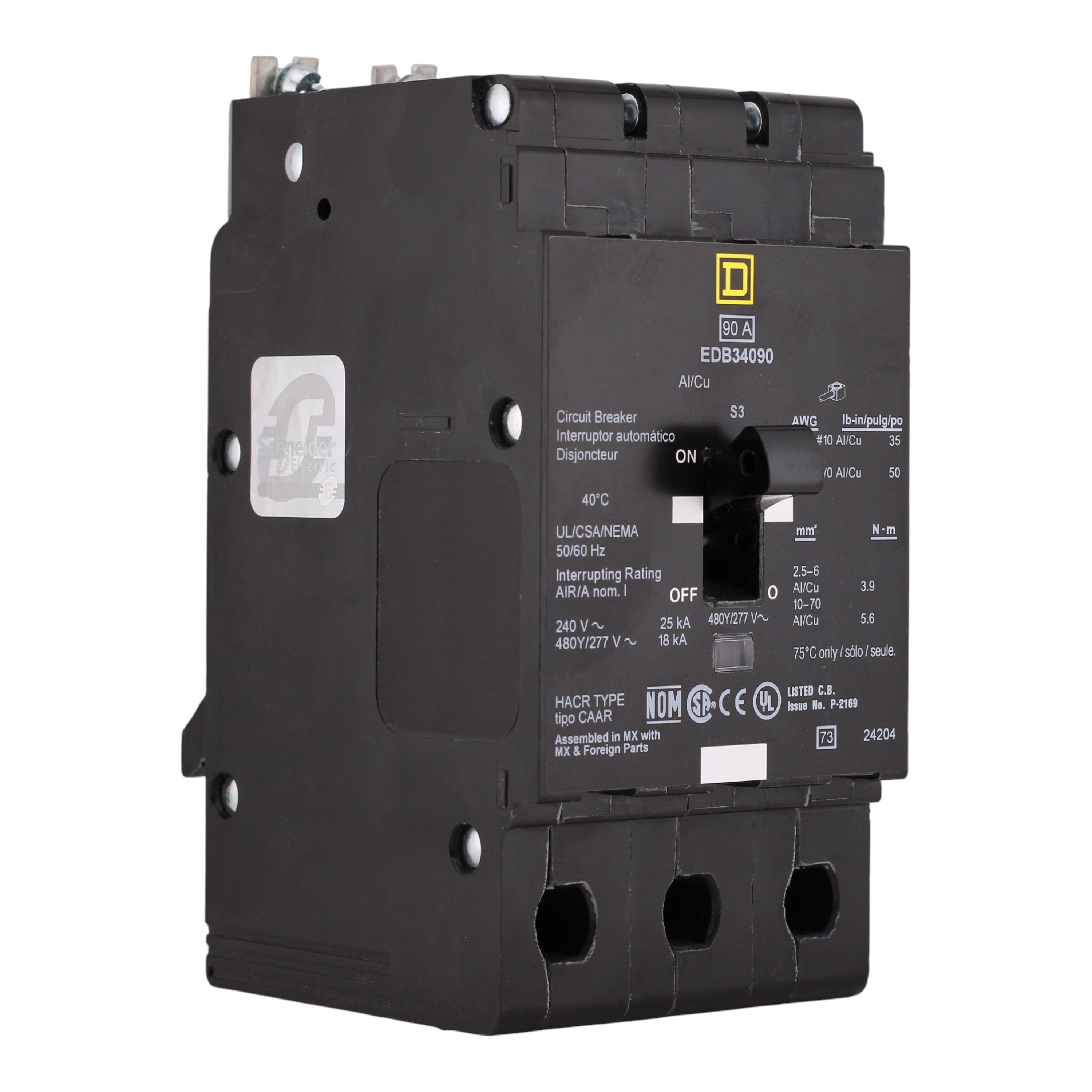 Square D E-Frame, EDB34090, 90A, 3P, 480Y/277V, Bolt-On Circuit Breaker