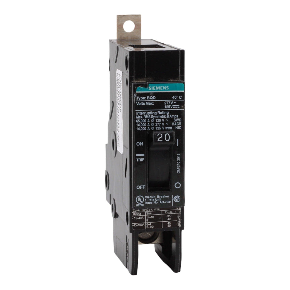 Siemens BQD120 20 Amp Single-Pole Circuit Breaker - 277VAC, 125VDC, 14kA, Bolt-On, UL Listed - Image 2