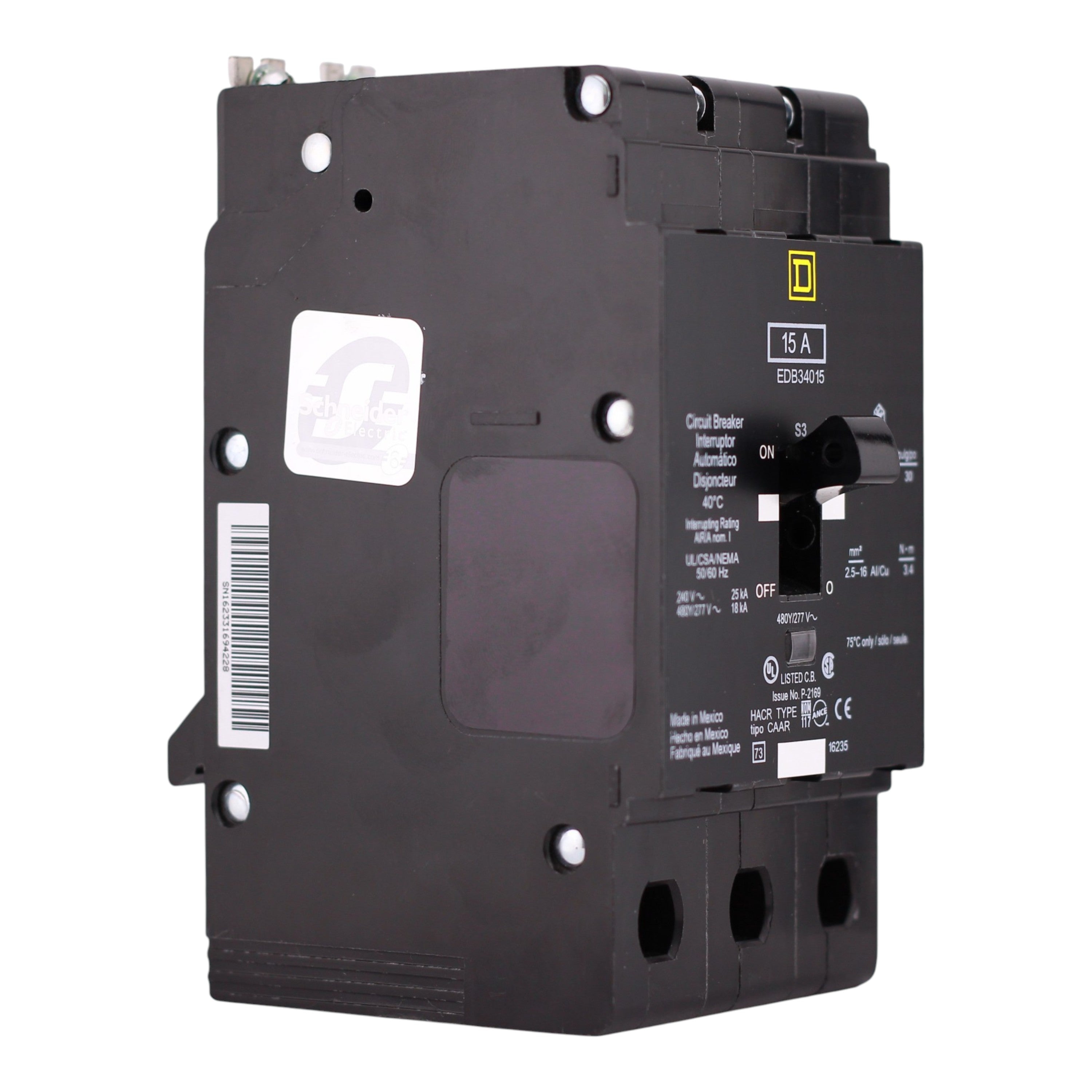 Square D E-Frame EDB34015 15A 3P 480Y/277V Thermal-Magnetic Bolt-On Circuit Breaker