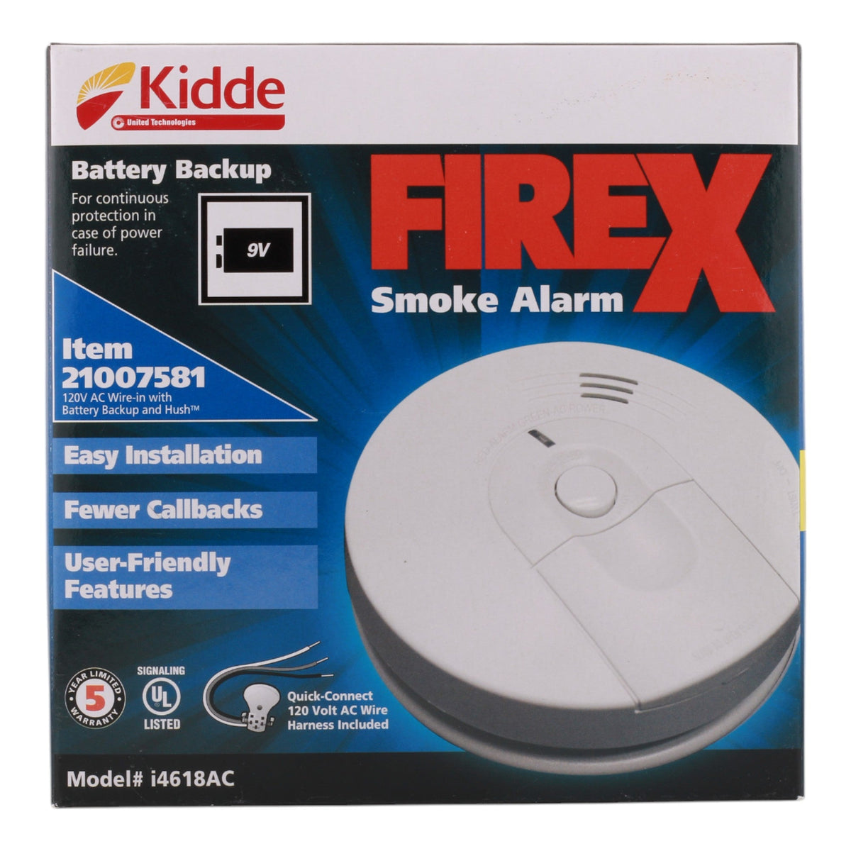 Kidde i4618AC Hardwired 120V Smoke Alarm with 9V Battery