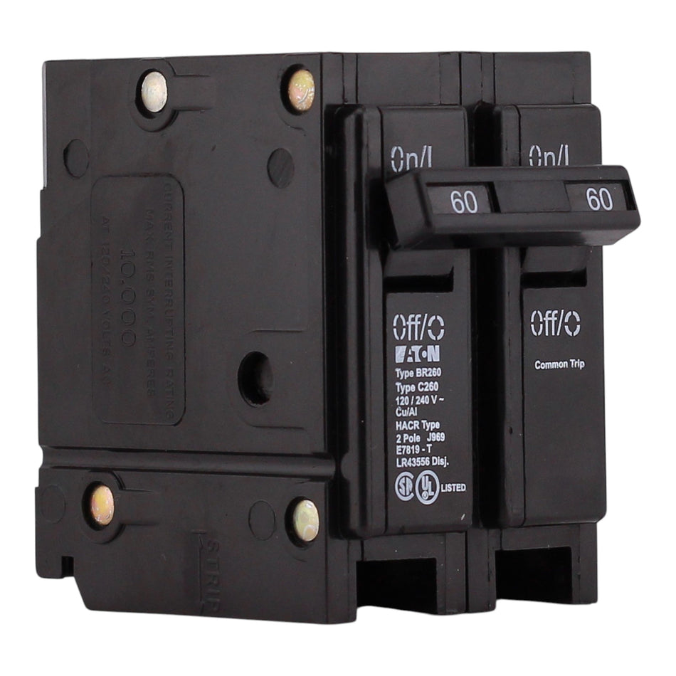 Eaton BR, BR260, 60A, 2P, 120/240V, Thermal Magnetic, Plug-On, Circuit Breaker