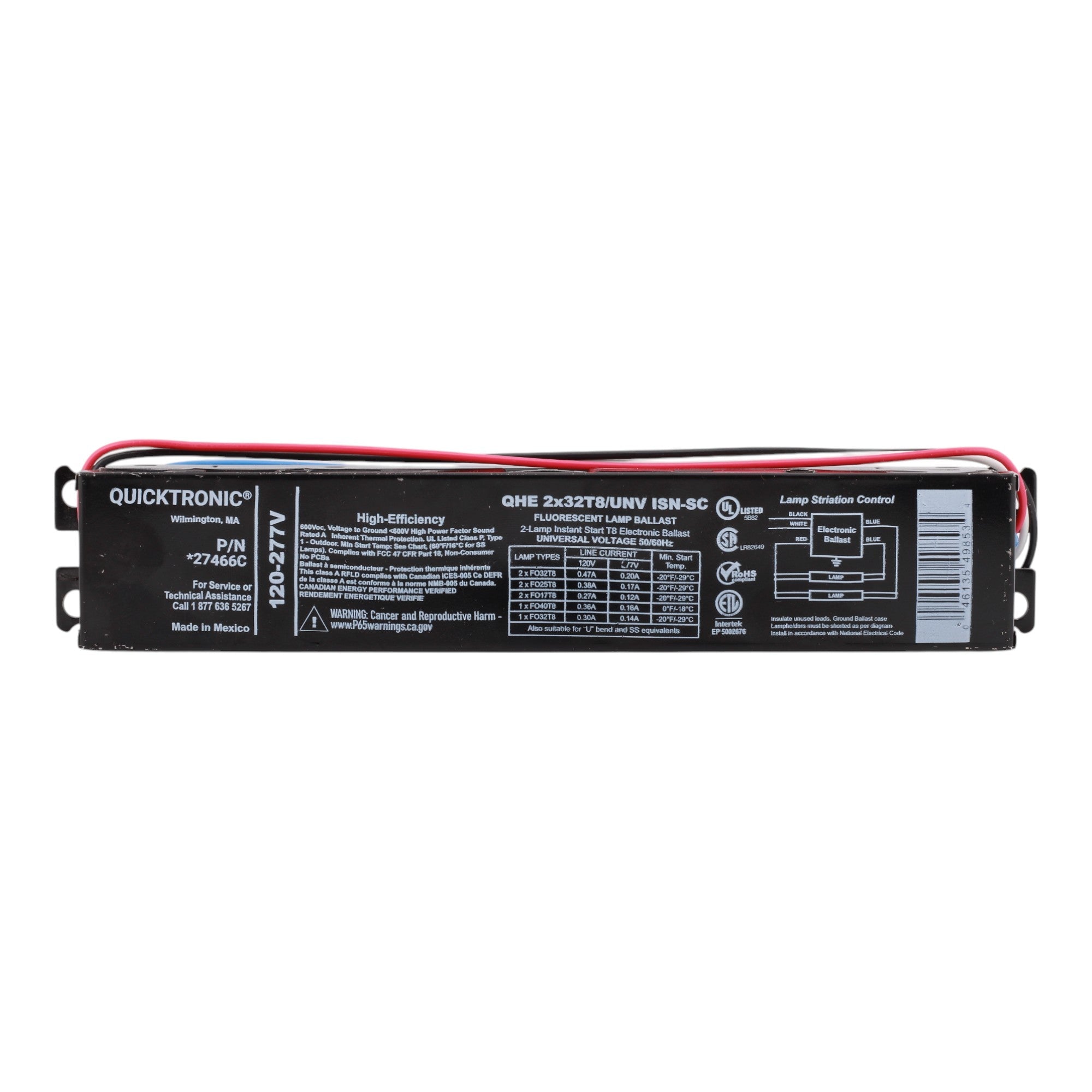 Sylvania QHE2X32T8/UNV-ISN-SC Electronic Fluorescent Ballast – 120-277V, Instant Start, Operates F32T8, F25T8, F17T8, F40T8