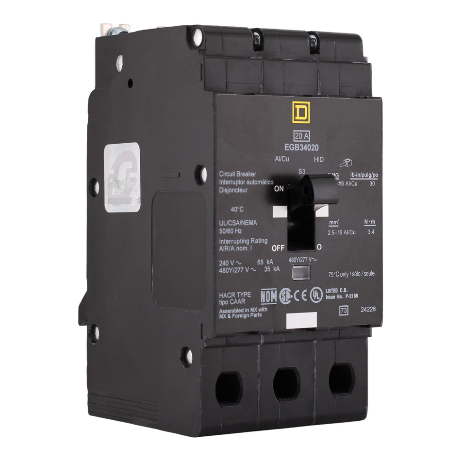 Square D EGB, EGB34020, 20A, 3P, 480Y/277VAC, Bolt-On, Circuit Breaker