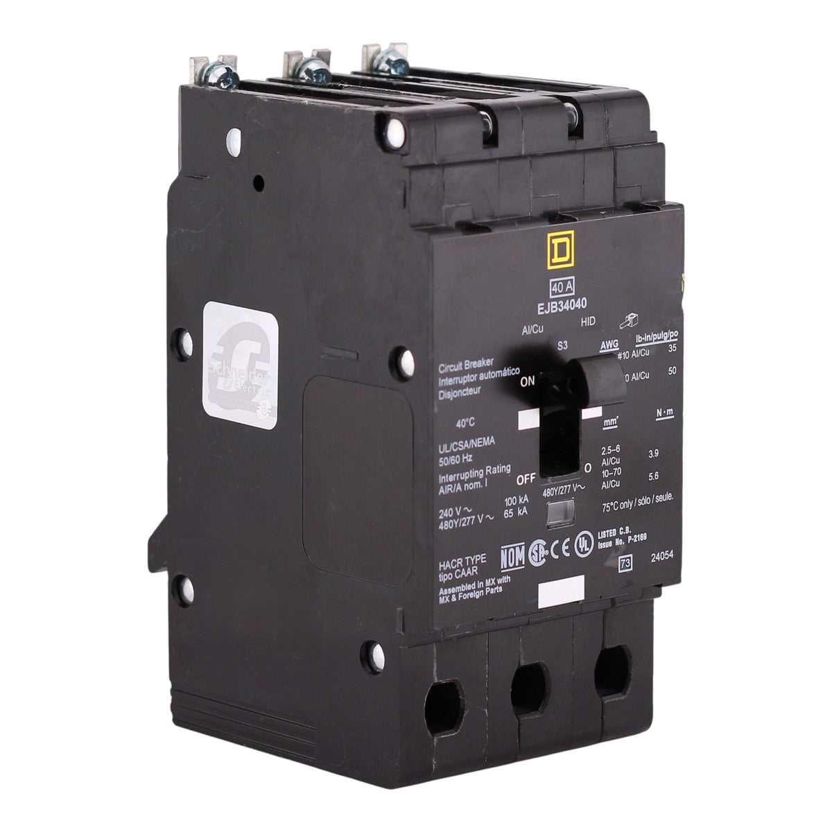 Square D E-Frame, EJB34040, 40A, 3P, 480Y/277VAC, 100kA, Bolt-On, Thermal Magnetic, Circuit Breaker