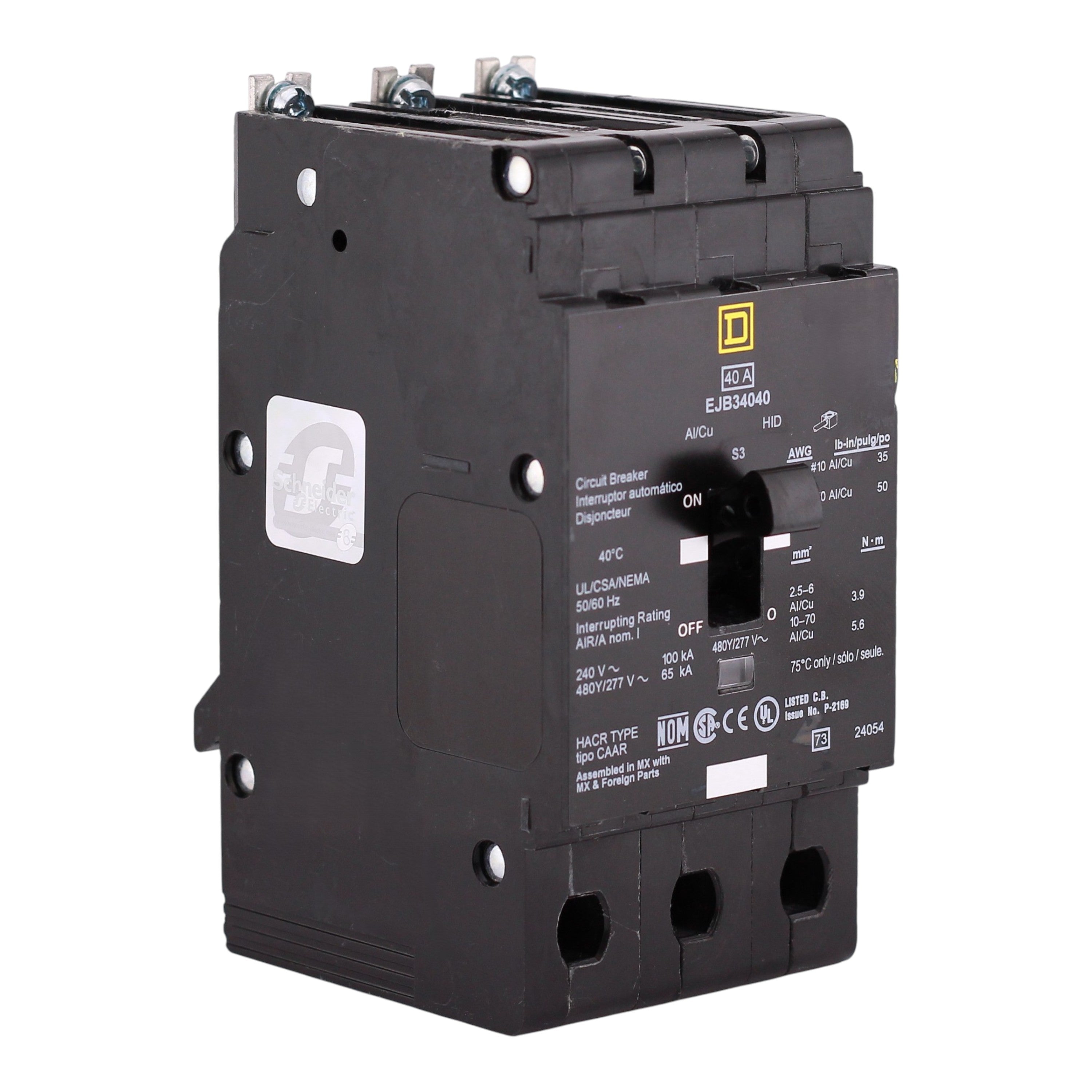 Square D E-Frame, EJB34040, 40A, 3P, 480Y/277VAC, 100kA, Bolt-On, Thermal Magnetic, Circuit Breaker