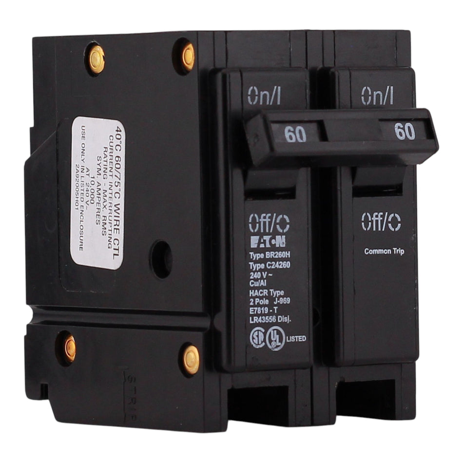 Eaton BR, BR260H, 60A, 2P, 240V, High-Magnetic, Plug-On, Circuit Breaker