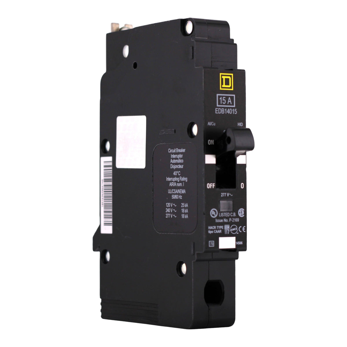 Square D E-Frame, EDB14015, 15A, 1P, 277V, 25kA, Bolt-On, Circuit Breaker