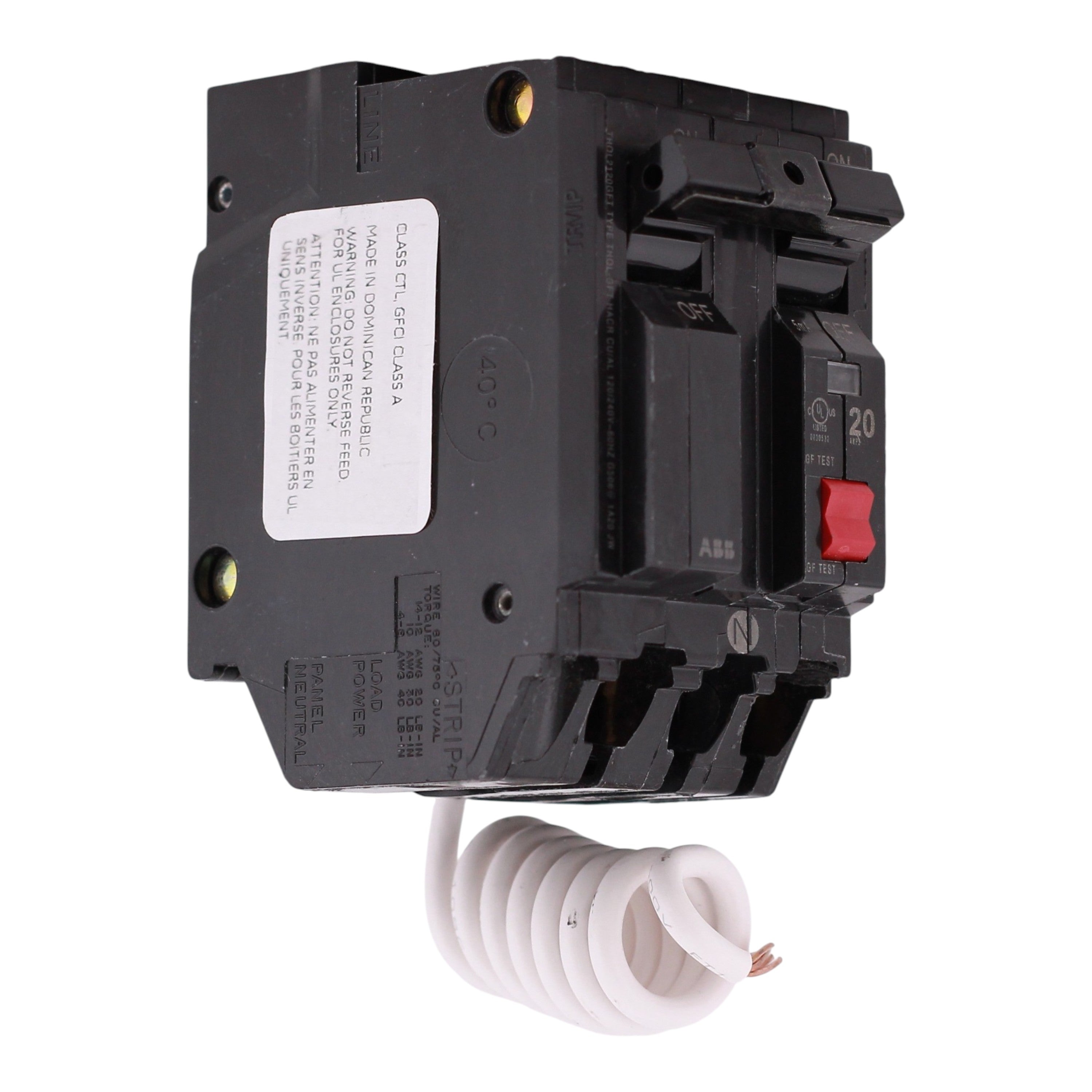 ABB Q-Line, THQL2120GFT, 20A, 2P, 120/240V, GFCI, Pigtail Neutral, Circuit Breaker