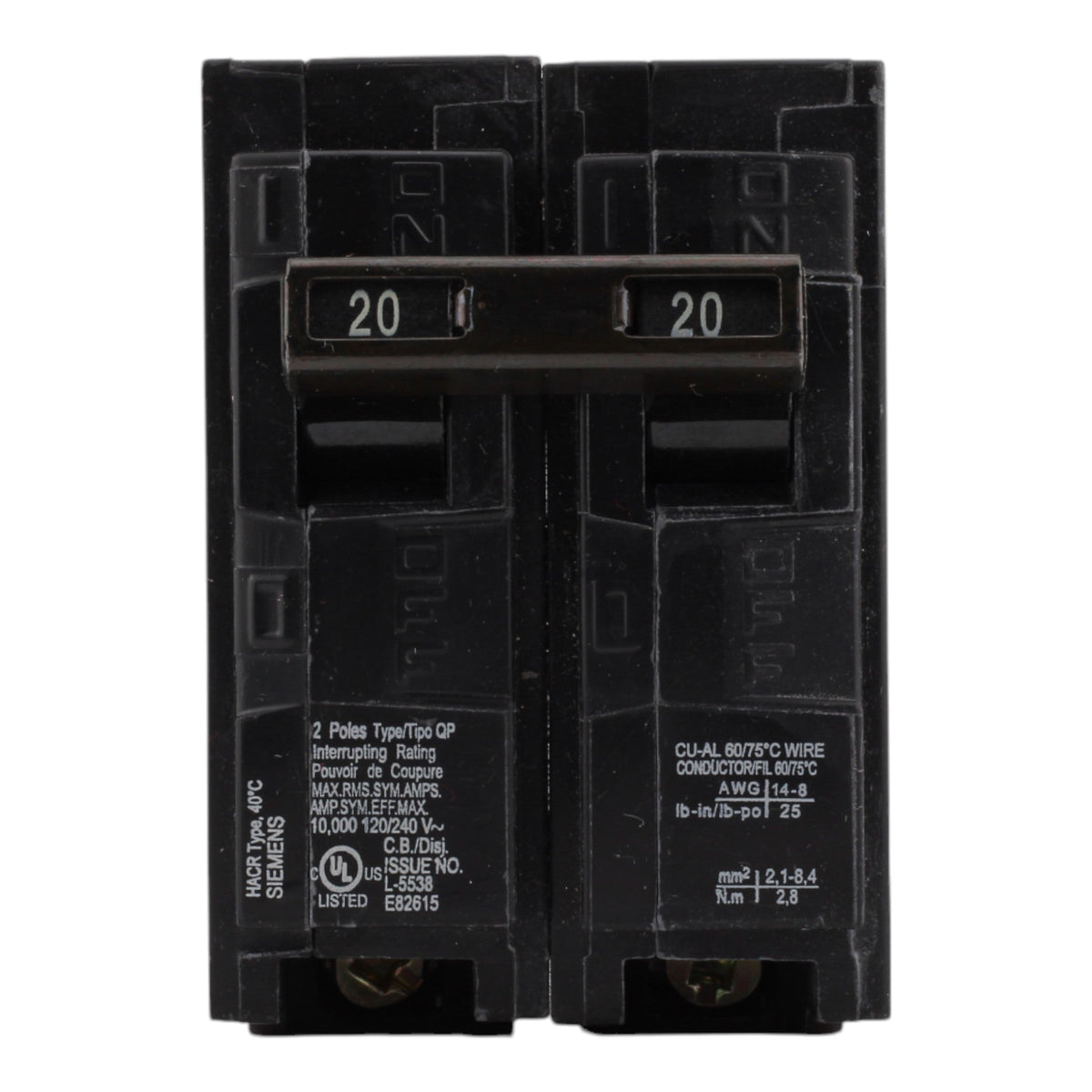 Siemens Q220 20 Amps 120/240 Volts Double Pole Thermal Magnetic Circuit Breaker, Plug-In Mount - Image 2
