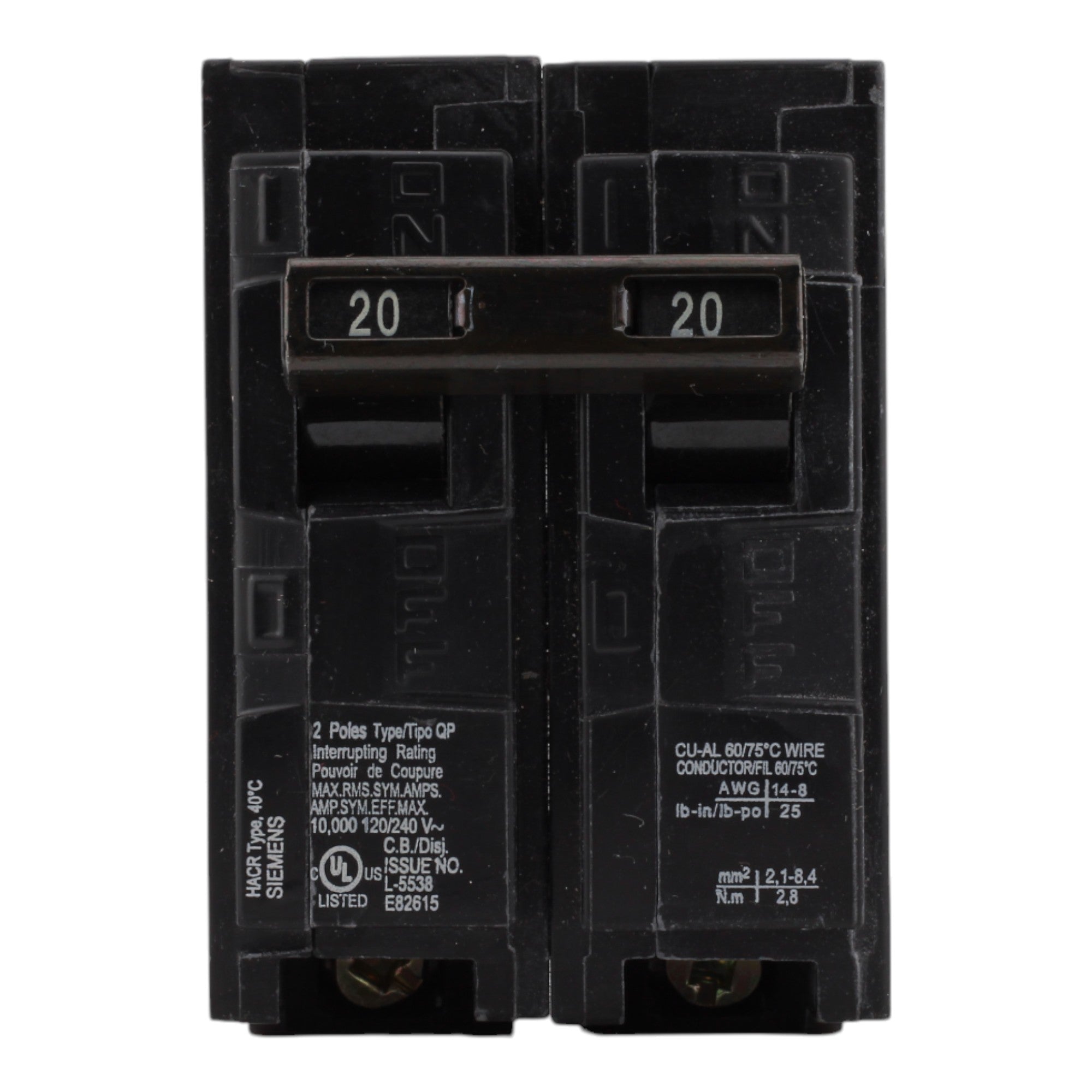 Siemens Q220 20 Amps 120/240 Volts Double Pole Thermal Magnetic Circuit Breaker, Plug-In Mount - Image 2
