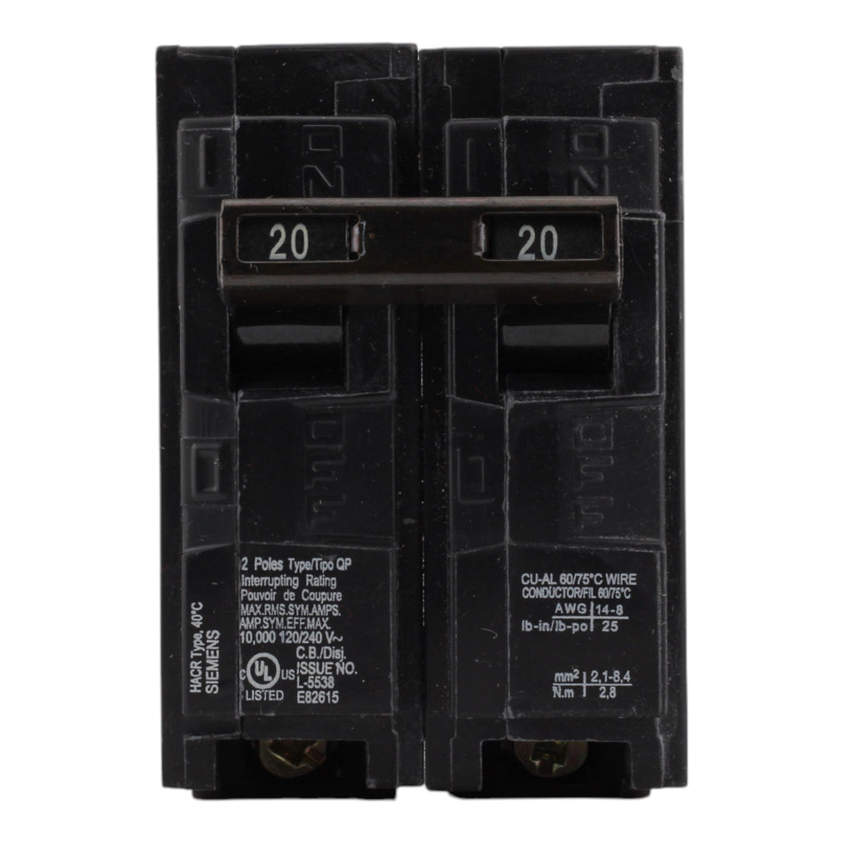 Siemens Q220 20 Amps 120/240 Volts Double Pole Thermal Magnetic Circuit Breaker, Plug-In Mount - Image 2