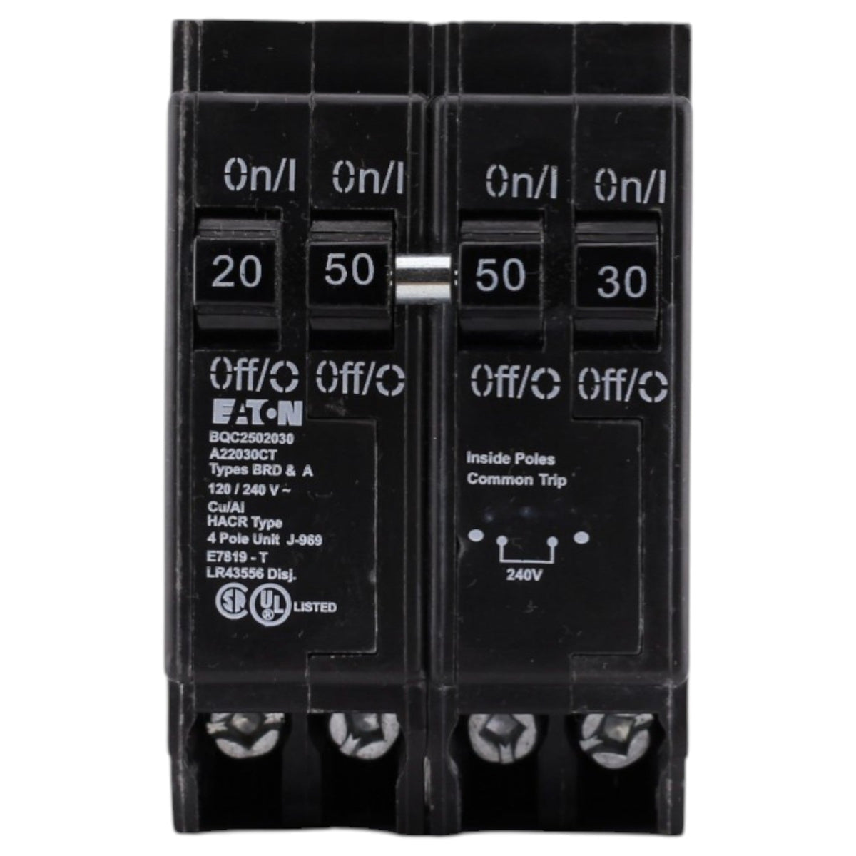 Eaton BR, BQC2502030, 20A/30A/50A, 4P, 120/240V, 10kAIC, CTL Quadplex, Plug-On, Circuit Breaker - Image 2