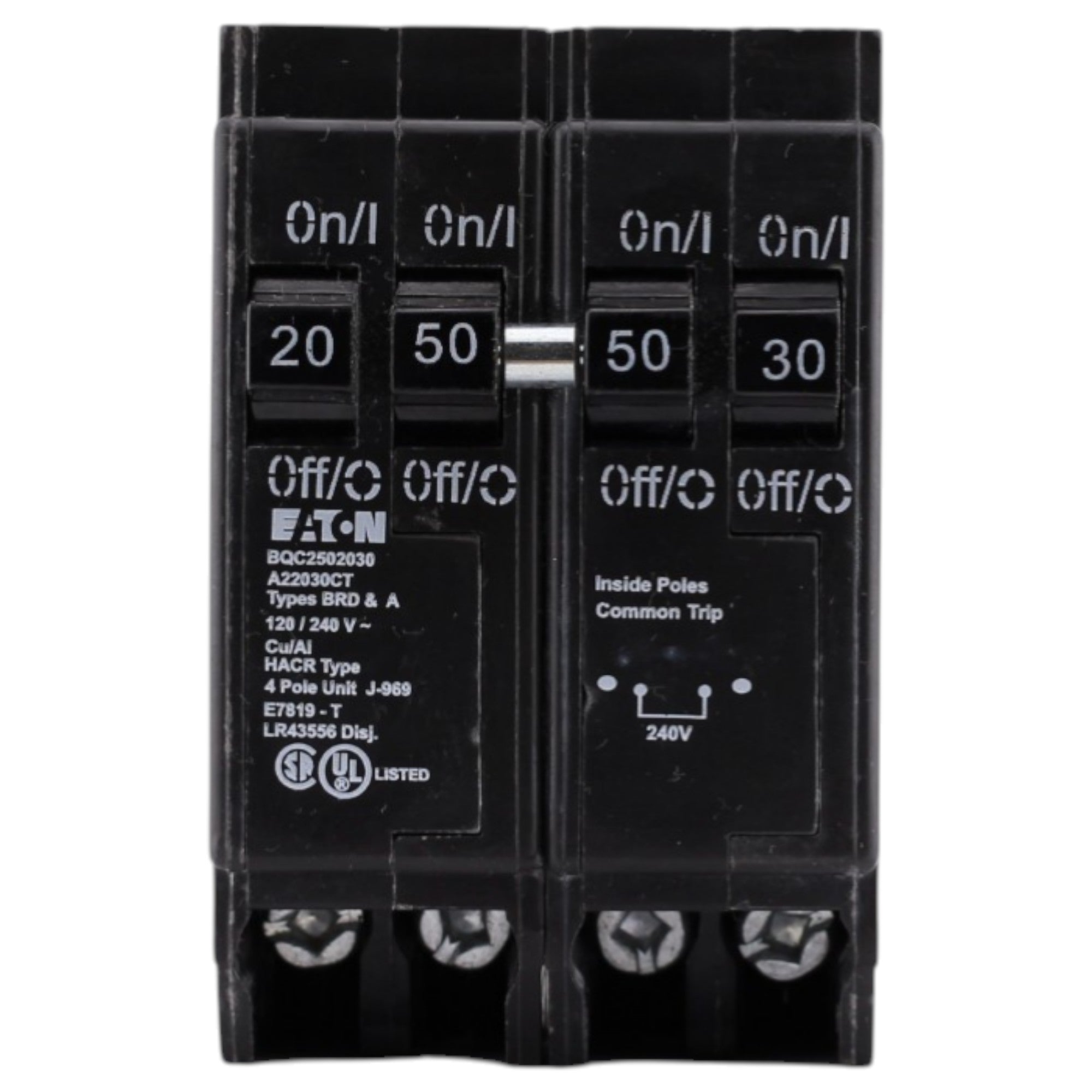 Eaton BR, BQC2502030, 20A/30A/50A, 4P, 120/240V, 10kAIC, CTL Quadplex, Plug-On, Circuit Breaker - Image 2
