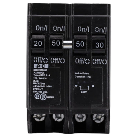 Eaton BR, BQC2502030, 20A/30A/50A, 4P, 120/240V, 10kAIC, CTL Quadplex, Plug-On, Circuit Breaker - Image 2
