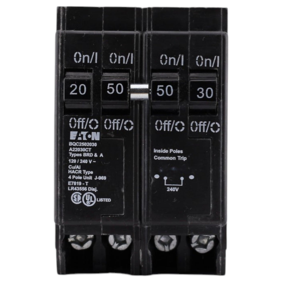 Eaton BR, BQC2502030, 20A/30A/50A, 4P, 120/240V, 10kAIC, CTL Quadplex, Plug-On, Circuit Breaker - Image 2