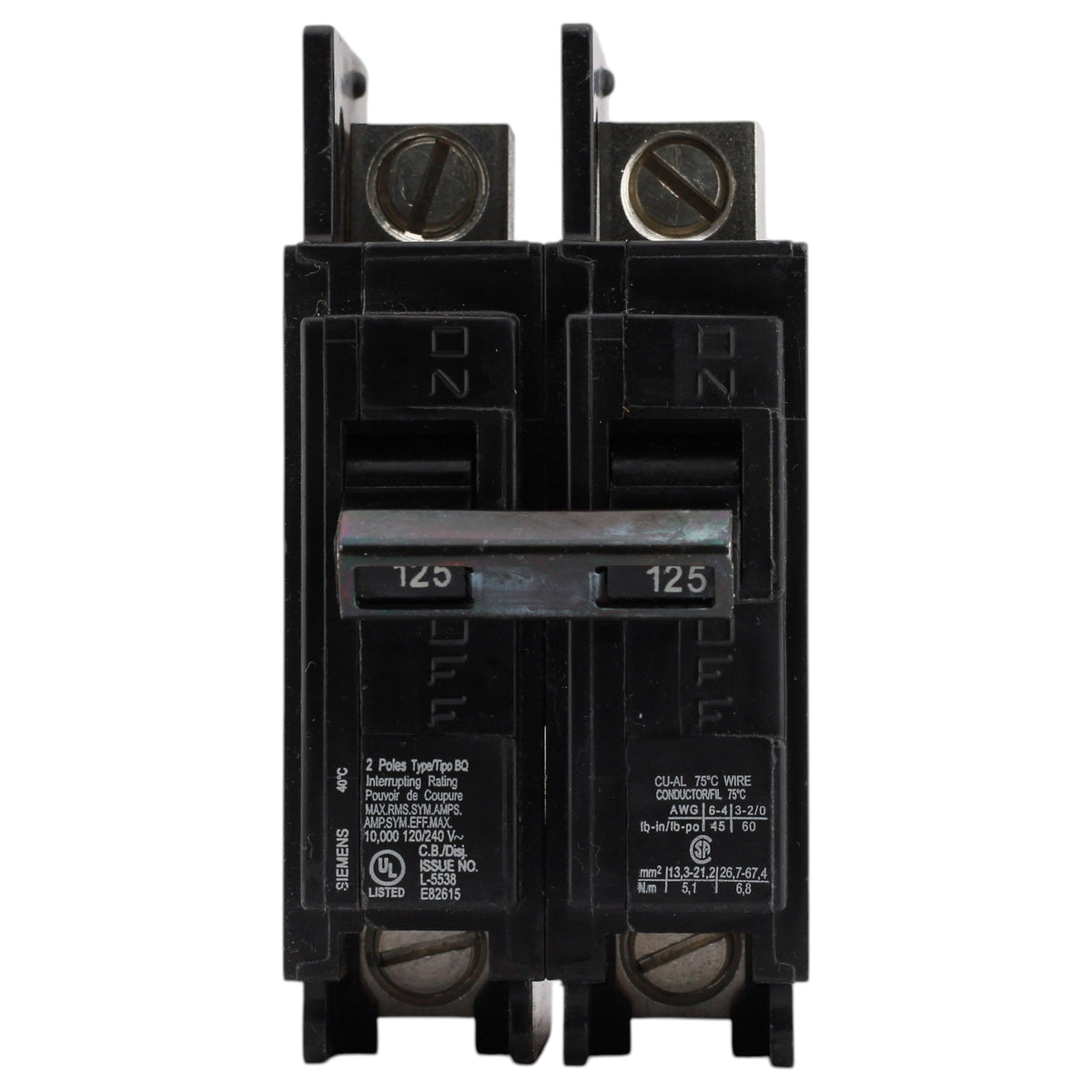 Siemens BQ, BQ2B125L, 125A, 2P, 120/240V, Bolt-On, Lug-In/Lug-Out, Circuit Breaker - Image 2