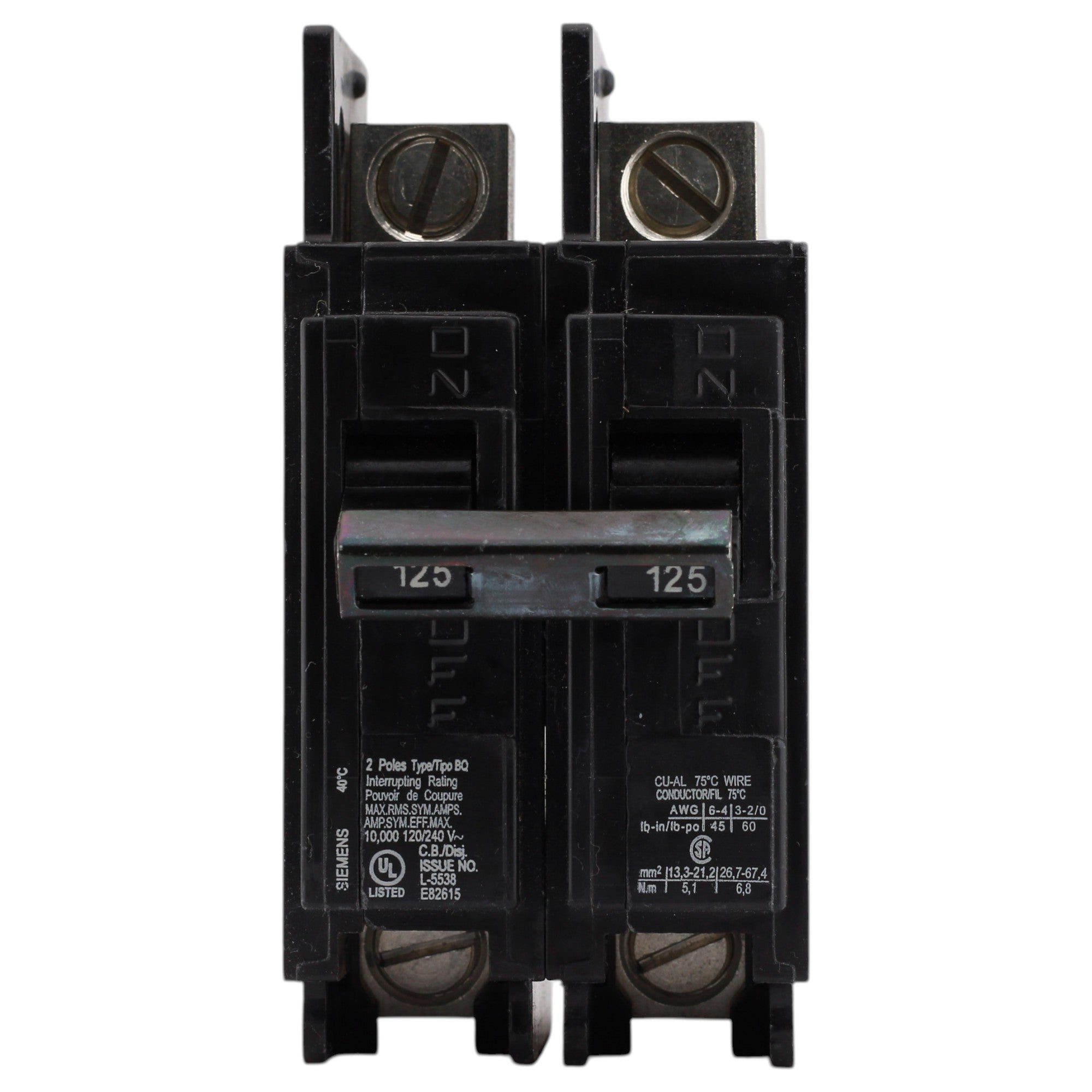 Siemens BQ, BQ2B125L, 125A, 2P, 120/240V, Bolt-On, Lug-In/Lug-Out, Circuit Breaker - Image 2