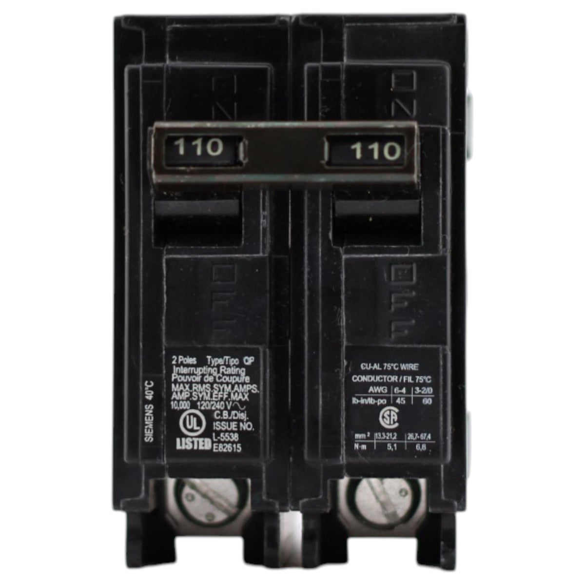 Siemens QP, Q2110, 110A, 2P, 120/240V, Thermal Magnetic, Plug-In, Circuit Breaker - Image 2