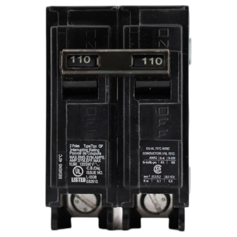 Siemens QP, Q2110, 110A, 2P, 120/240V, Thermal Magnetic, Plug-In, Circuit Breaker - Image 2