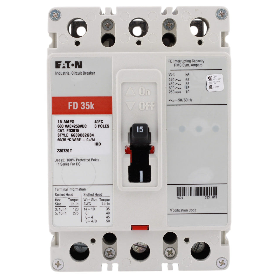 Eaton Series C, FD3015, 15A, 3P, 600V, Thermal Magnetic, Circuit Breaker - Image 2