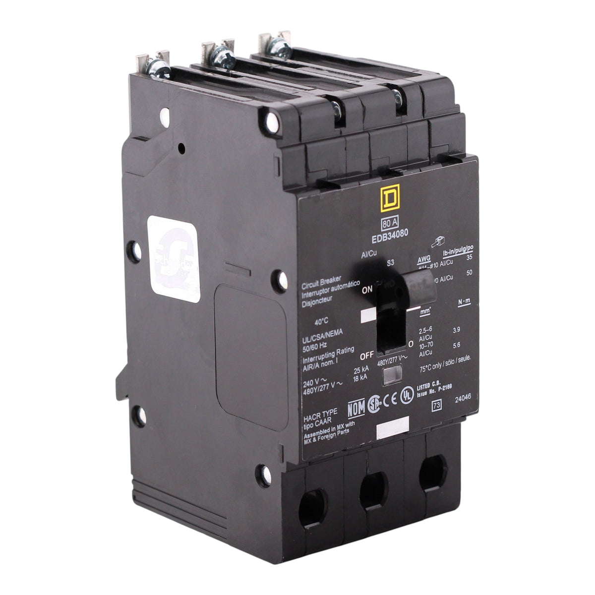 Square D E-Frame, EDB34080, 80A, 3P, 480Y/277VAC, 25kA, Bolt-On, Thermal Magnetic, Circuit Breaker