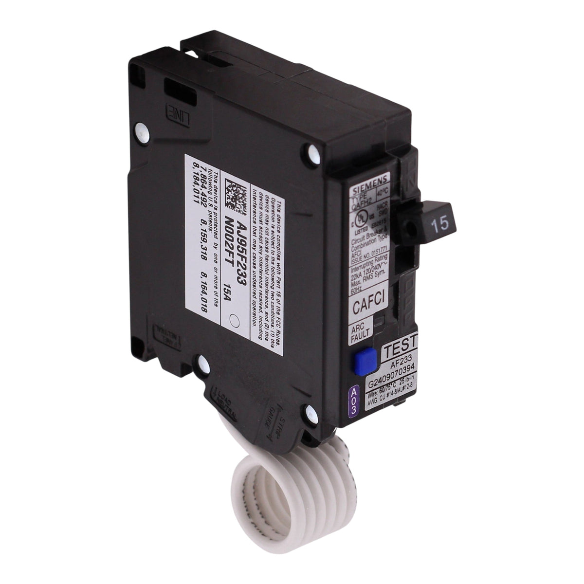 Siemens QAFH2, QA115AFCH, 15A, 1P, 120V, CAFCI, Pigtail Neutral, Circuit Breaker