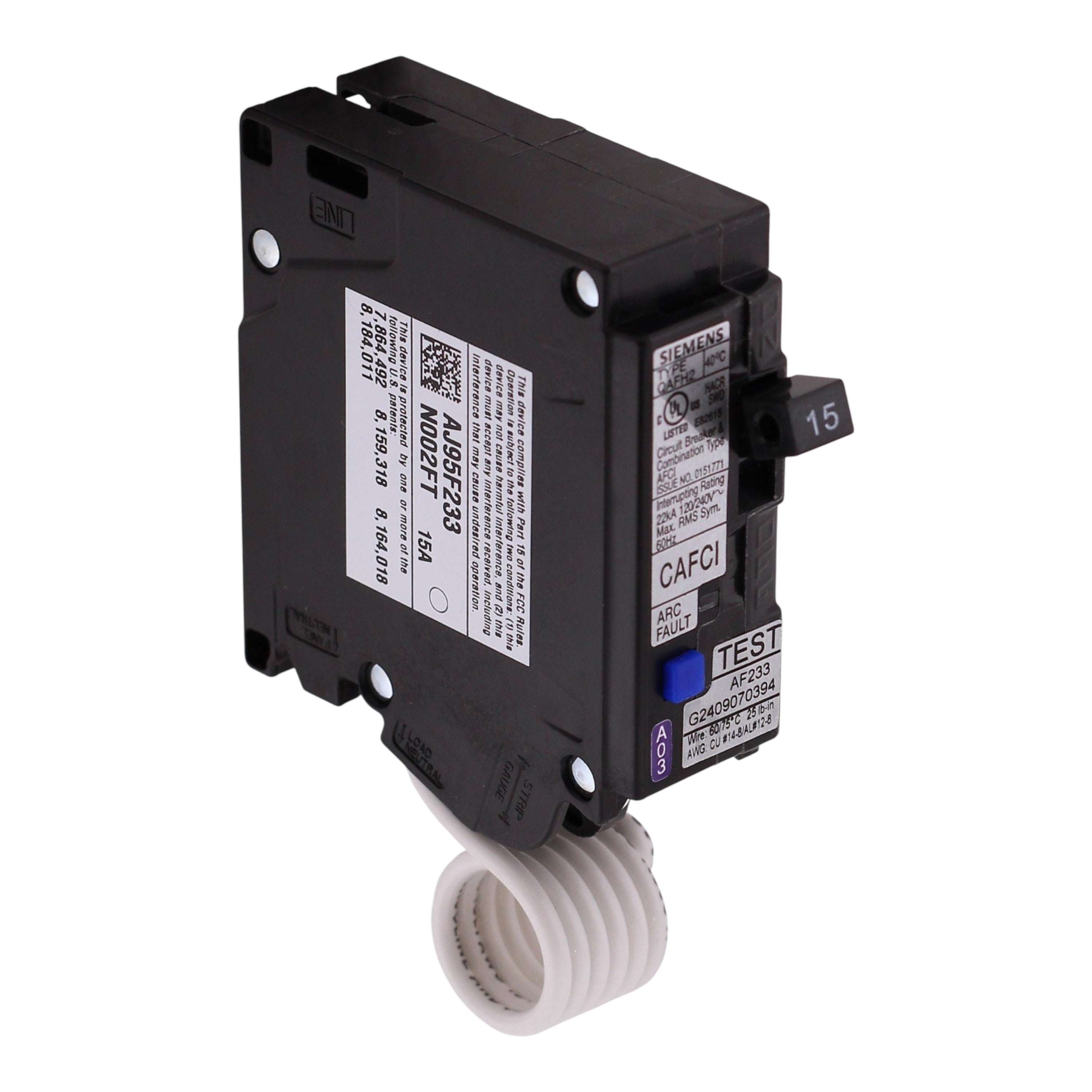 Siemens QAFH2, QA115AFCH, 15A, 1P, 120V, CAFCI, Pigtail Neutral, Circuit Breaker