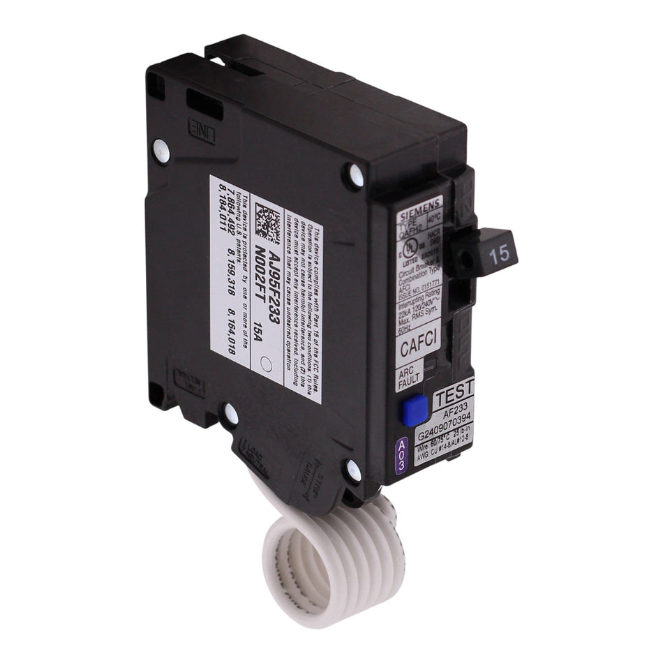 Siemens QAFH2, QA115AFCH, 15A, 1P, 120V, CAFCI, Pigtail Neutral, Circuit Breaker