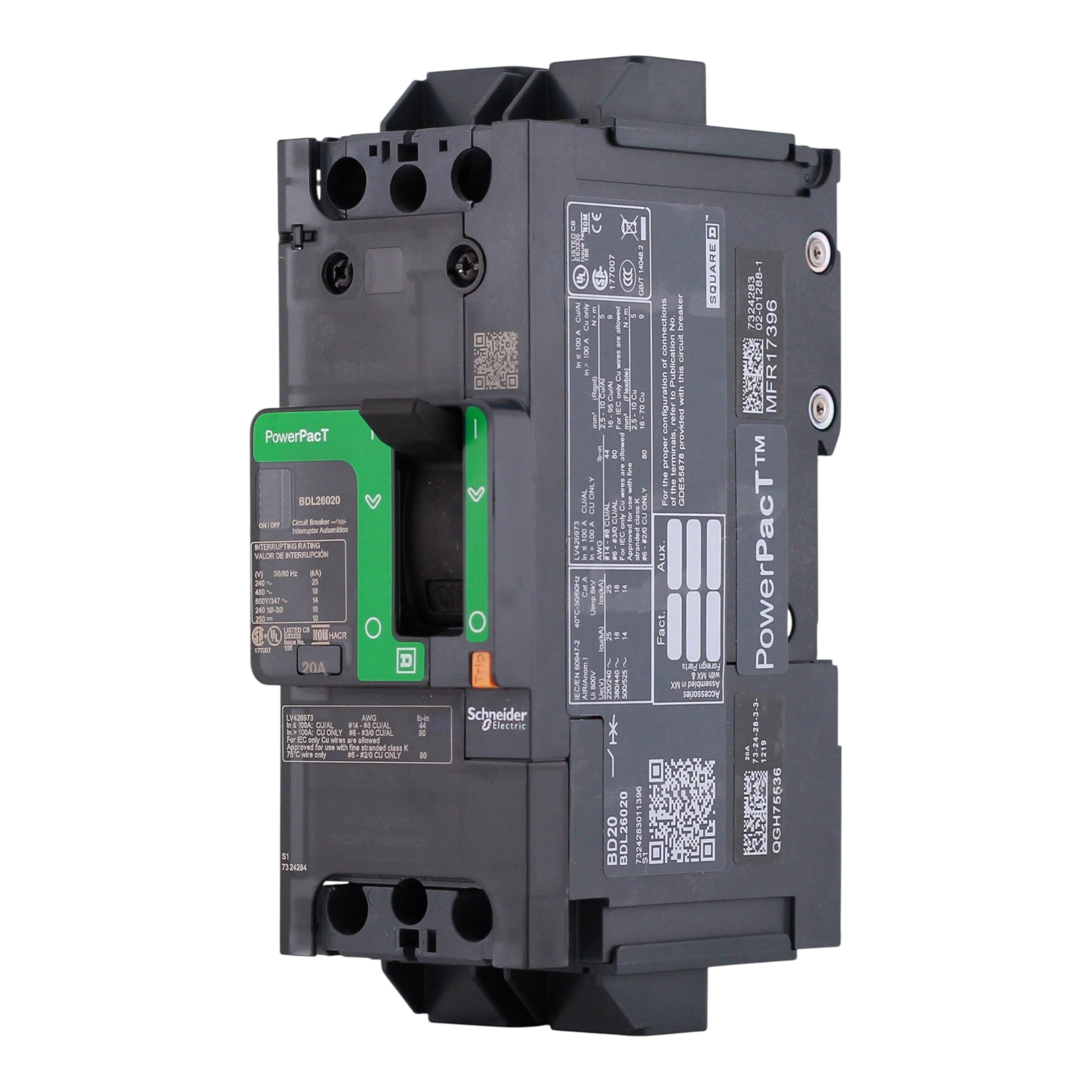 Square D PowerPacT B, BDL26020, 20A, 2P, 600Y/347VAC, 14kA, Unit Mount, Thermal Magnetic, Circuit Breaker - Image 2