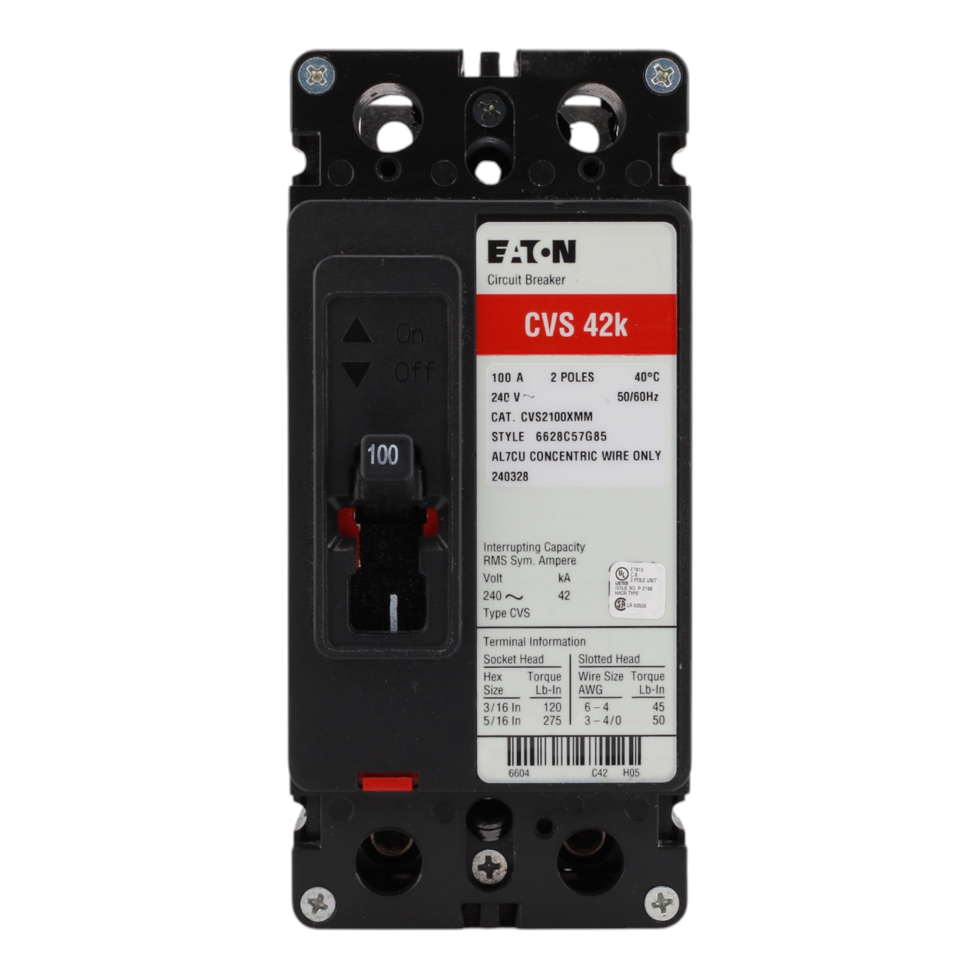 Eaton CVS2100XMM Molded Case Circuit Breaker, 100A, 2-Pole, 42 kAIC, Includes Mounting Kit, #6-4/0 AWG Wire Size - Image 3