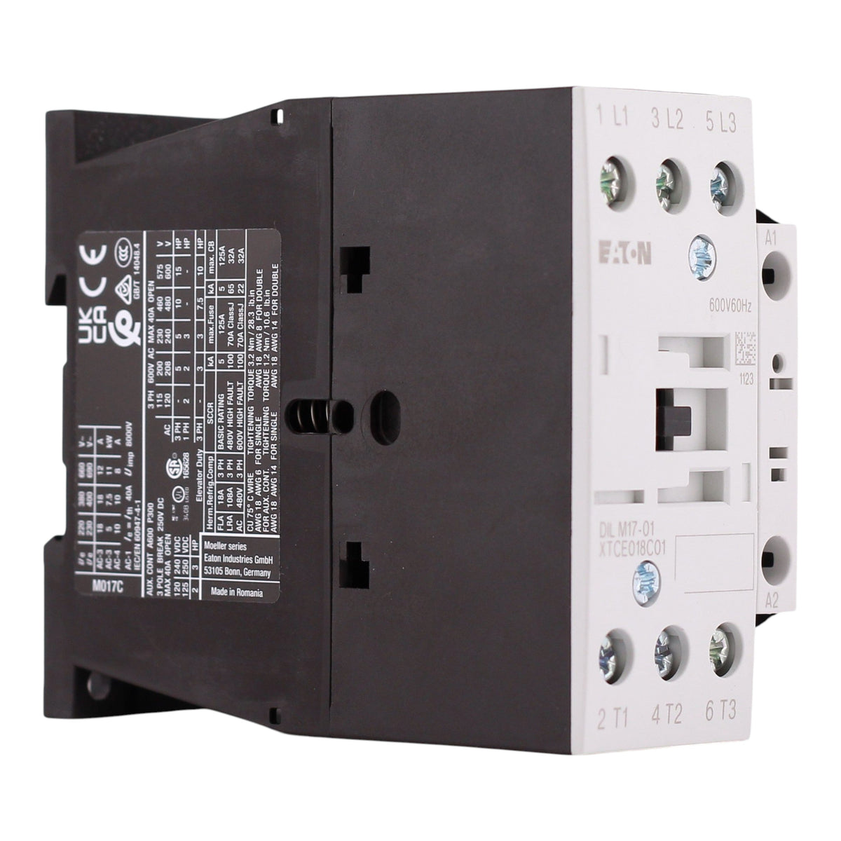 Eaton XT IEC, XTCE018C01D, 18A, 3-Pole, 690VAC, 550/600VAC Coil, Full Voltage Non-Reversing Contactor - Image 2