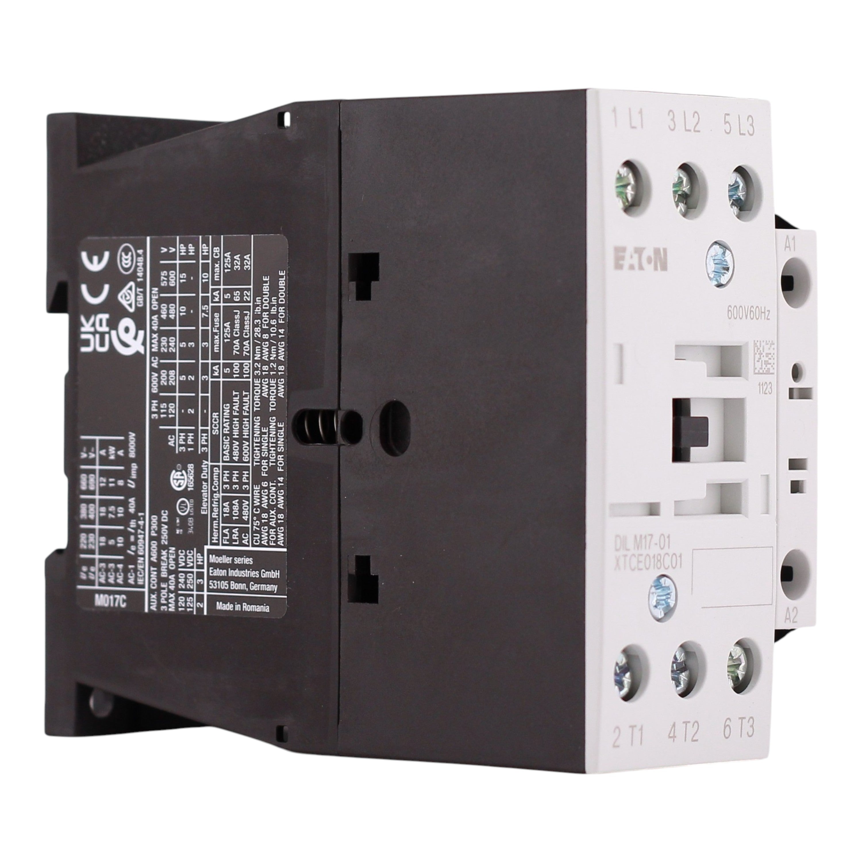 Eaton XT IEC, XTCE018C01D, 18A, 3-Pole, 690VAC, 550/600VAC Coil, Full Voltage Non-Reversing Contactor - Image 2