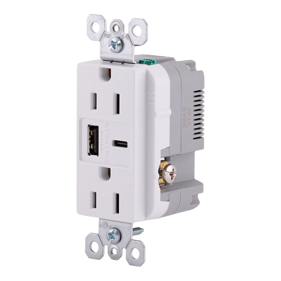 Pass & Seymour Radiant, R26USBACW, 15A, 125V, NEMA 5-15R, USB Type-A/Type-C Combo Outlet, Tamper-Resistant, White - Image 2