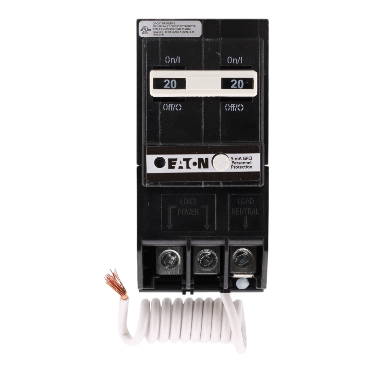 Eaton BRN220GF 20A 120/240V 2-Pole GFCI Circuit Breaker for BR Loadcenters, Pigtail Neutral, Ground Fault Protection - Image 2