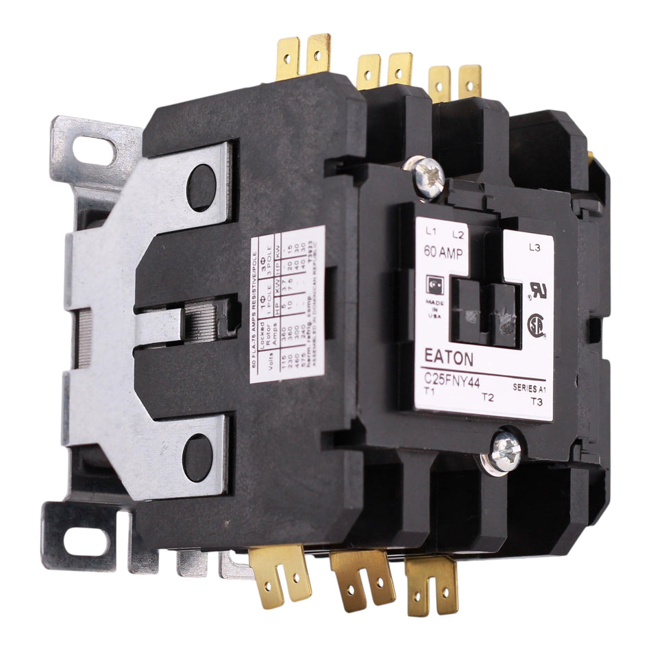 Eaton C25F, C25FNY44AL, 60A, 3-Pole, 110/120V Coil, Definite Purpose Contactor, Open, Metal Plate - Image 2