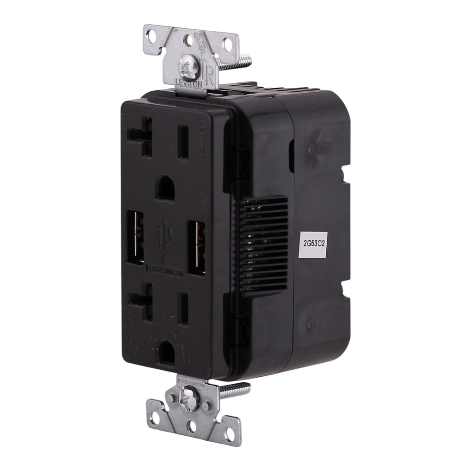Leviton Decora, T5832-E, 20A, 125V, USB Type-A/A, Tamper-Resistant, Combo Outlet, Black - Image 2