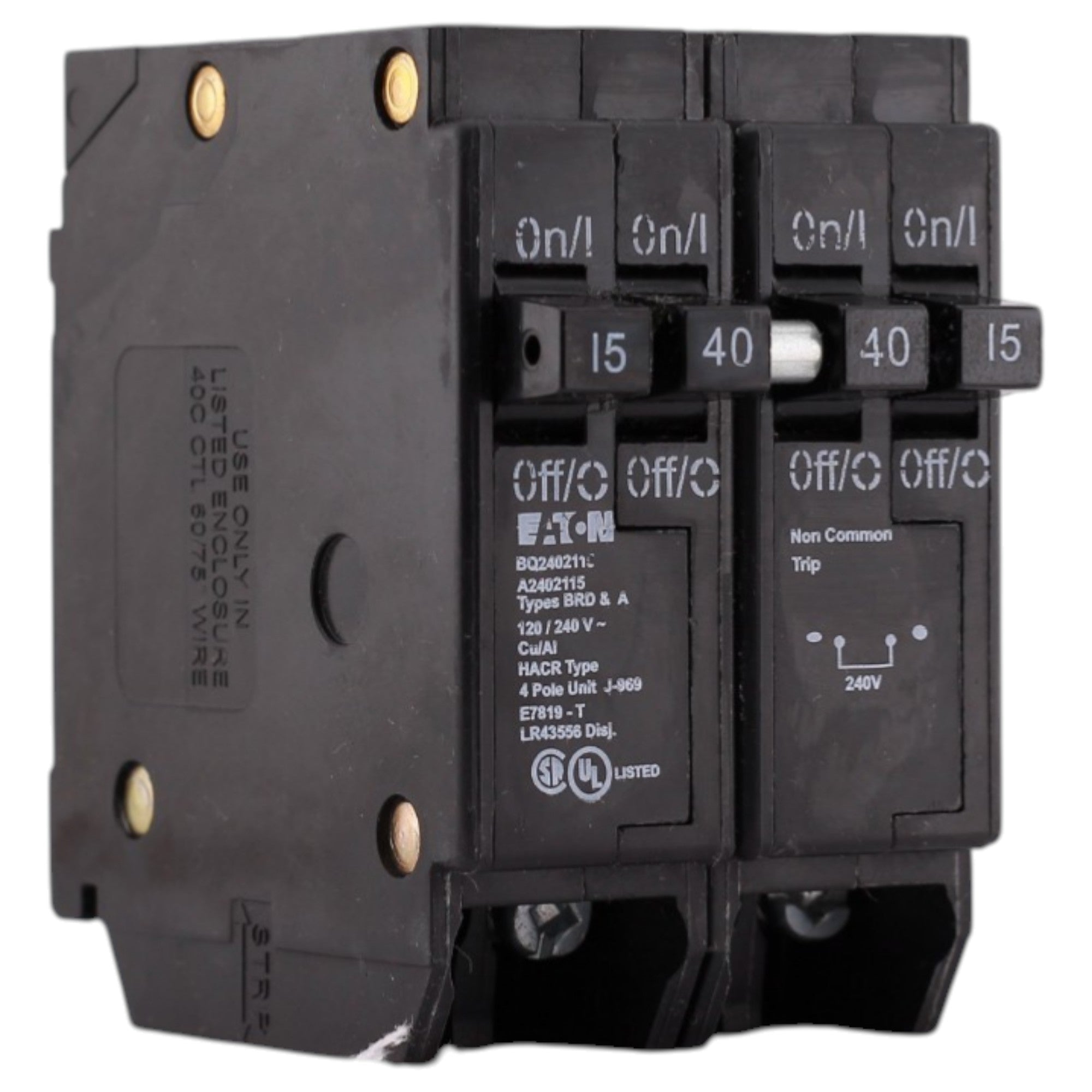 Eaton BR, BQ2402115, 15/40A, 4P, 120/240V, 10kAIC, CTL Quadplex, Plug-On, Circuit Breaker