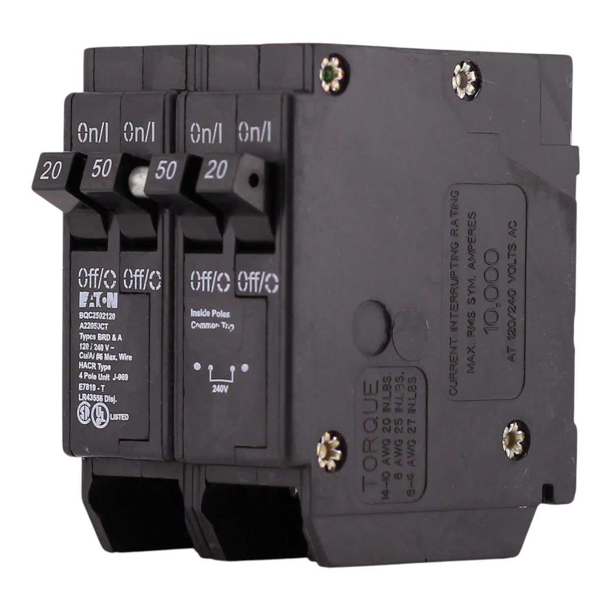 Eaton BR, BQC2502120, 50A/20A, 4P, 120/240V, Quadplex, Circuit Breaker - Image 2