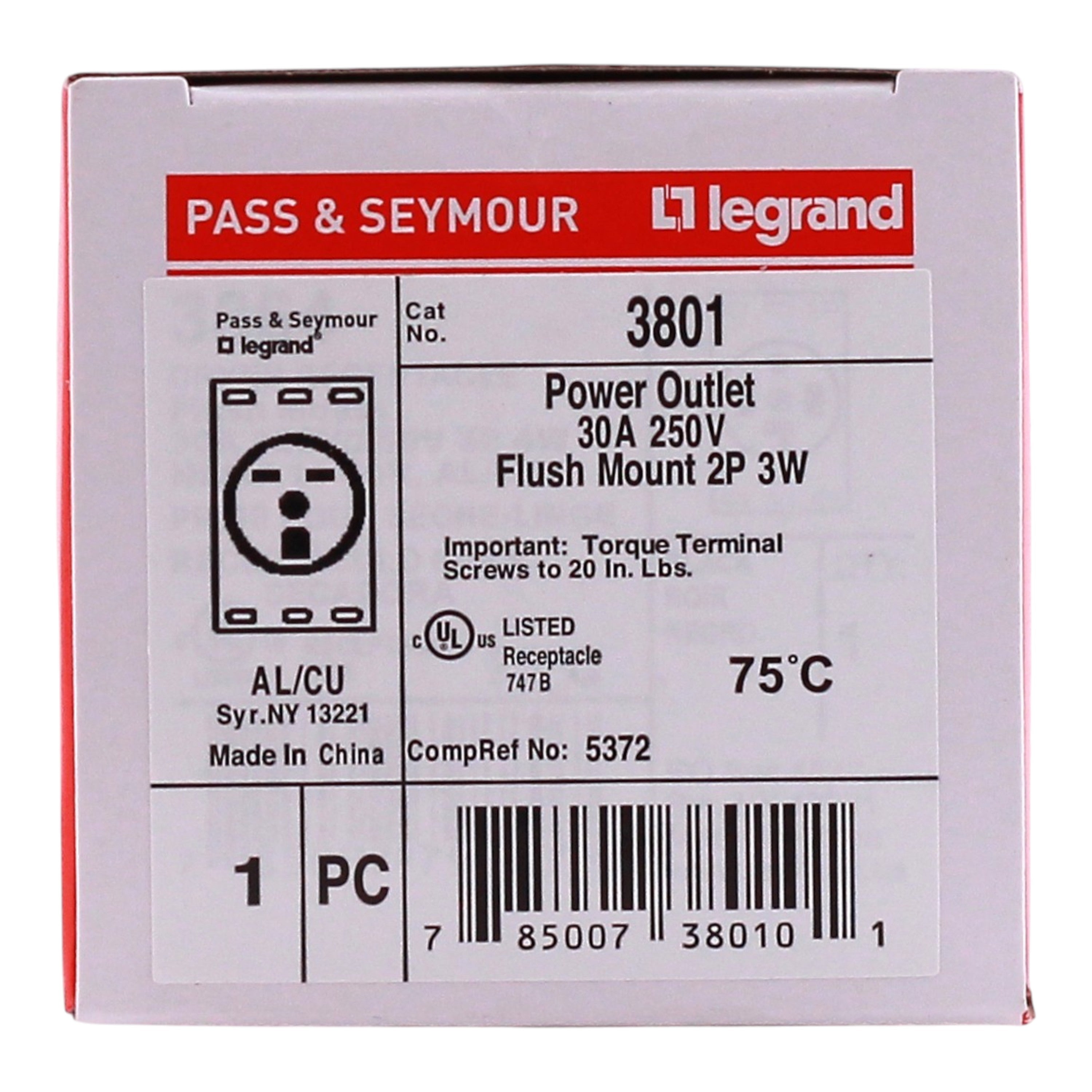 Pass & Seymour, 3801, 30A, 250V, NEMA 6-30R, 2-Pole, 3-Wire, Straight Blade Receptacle - Image 3