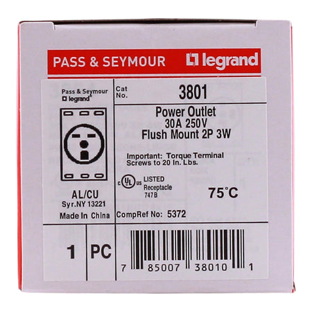 Pass & Seymour, 3801, 30A, 250V, NEMA 6-30R, 2-Pole, 3-Wire, Straight Blade Receptacle - Image 3