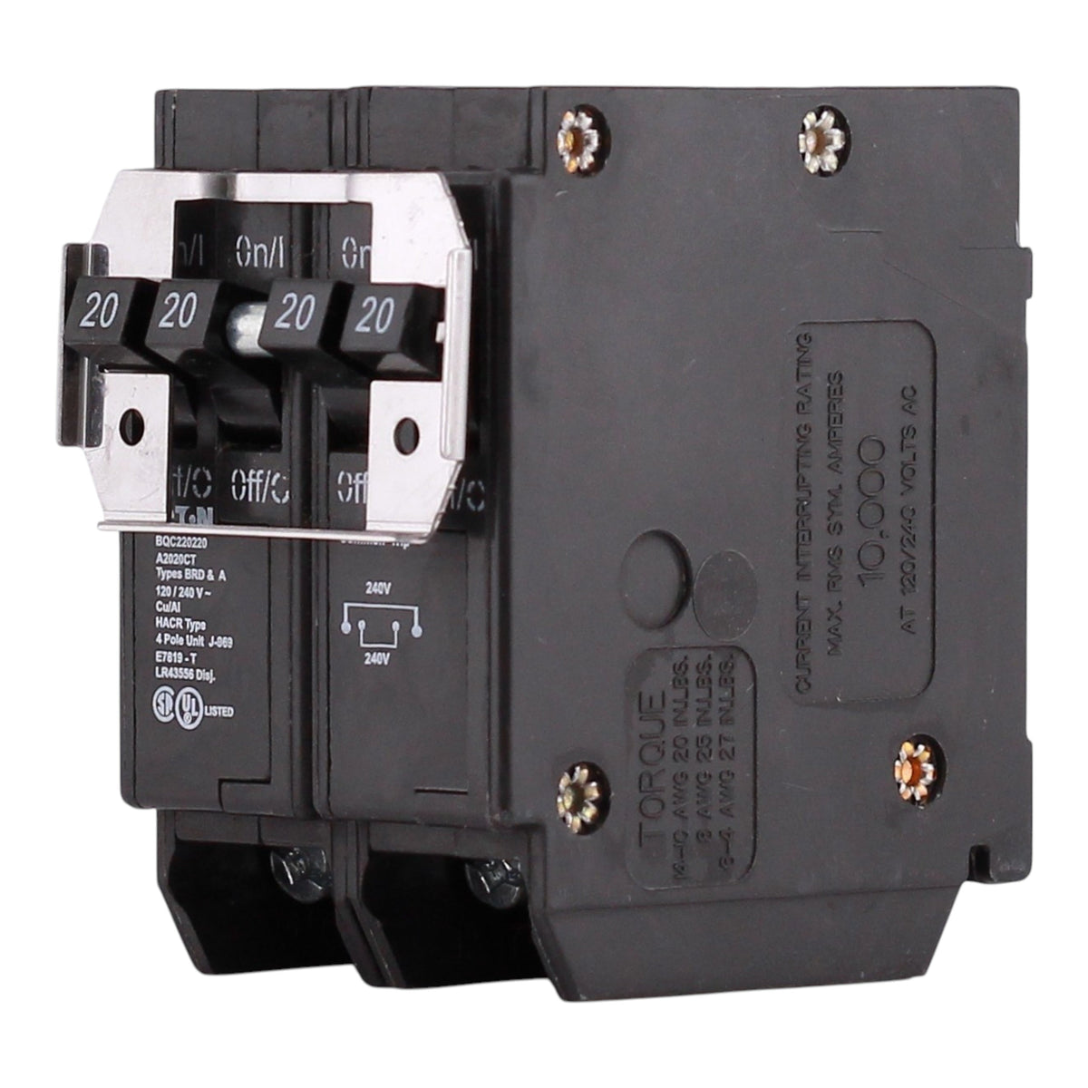 Eaton BQC220220, (2) 20A, 120/240V, 4-Pole, 10kA, Thermal Magnetic Circuit Breaker, Plug-On, for Type BR Load Centers - Image 2